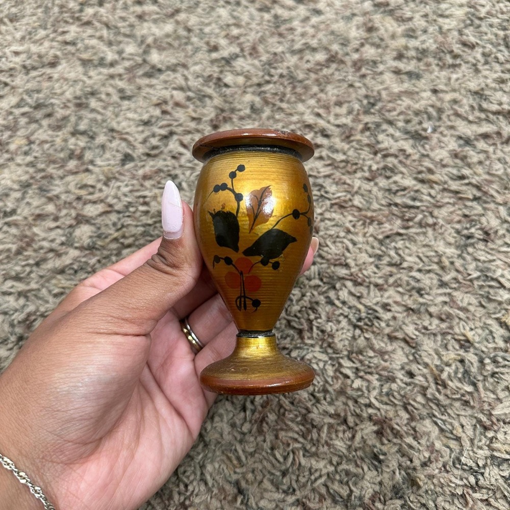 Vintage Russian Khokhloma Hand Painted Wood Vase Floral Toothpick Holder 3.5"‎
